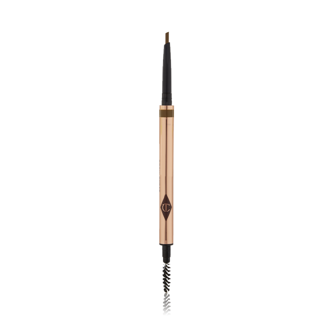 A double-ended eyebrow pencil and spoolie brush duo in a soft brown shade with gold-coloured packaging.