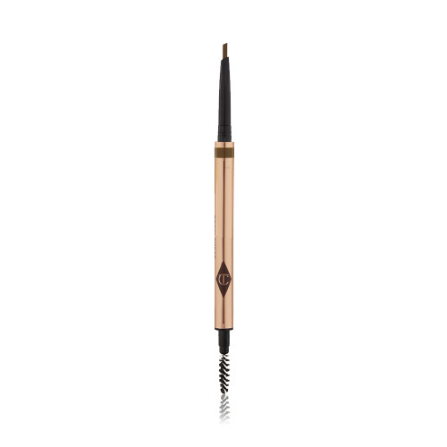 A double-ended eyebrow pencil and spoolie brush duo in a soft brown shade with gold-coloured packaging.