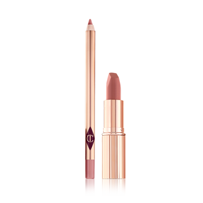 An open nude pink lipstick in a gold-coloured tube and lip liner pencil in a nude pink shade.