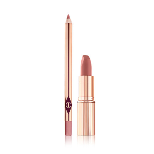 An open nude pink lipstick in a gold-coloured tube and lip liner pencil in a nude pink shade.