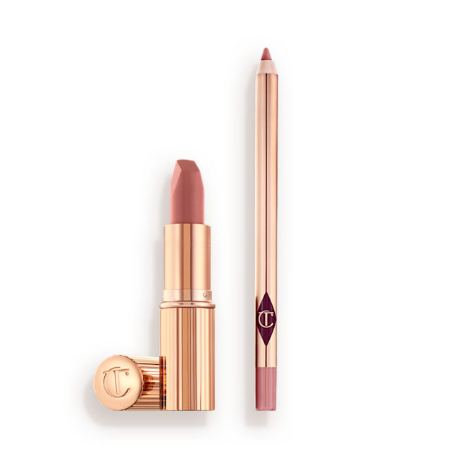 Pillow Talk Lipstick and Lip Liner Kit An open nude pink lipstick in a gold-coloured tube and lip liner pencil in a nude pink shade.