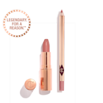 An open nude pink lipstick in a gold-coloured tube and lip liner pencil in a nude pink shade.