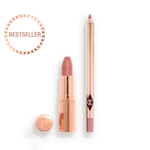 An open nude pink lipstick in a gold-coloured tube and lip liner pencil in a nude pink shade.