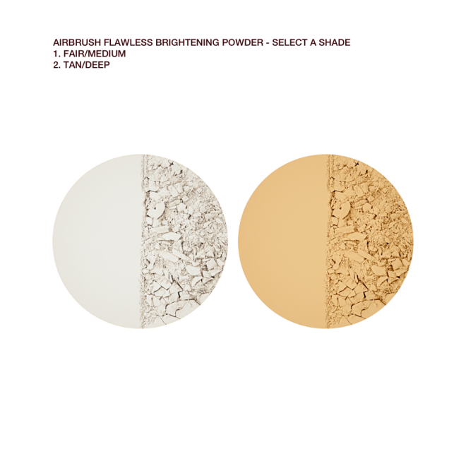 Swatches of two brightening, setting powder compacts in white and golden-yellow. 