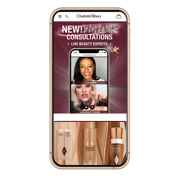 A plum-coloured banner with a mobile phone with different makeup artists showing how to apply foundation and finding your right shade, along with text that reads, 'New! Virtual consultations! Live beauty experts!'
