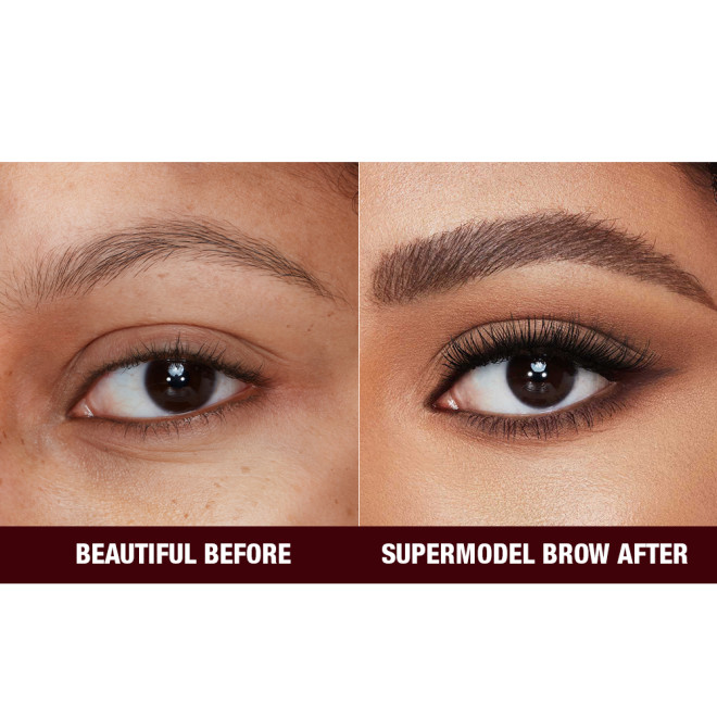 Close-up before and after of a medium-tone model with brown eyes with bare brows on one side and thick, filled, and lined eyebrows on the other side after applying a dark-brown-coloured eyebrow pencil.