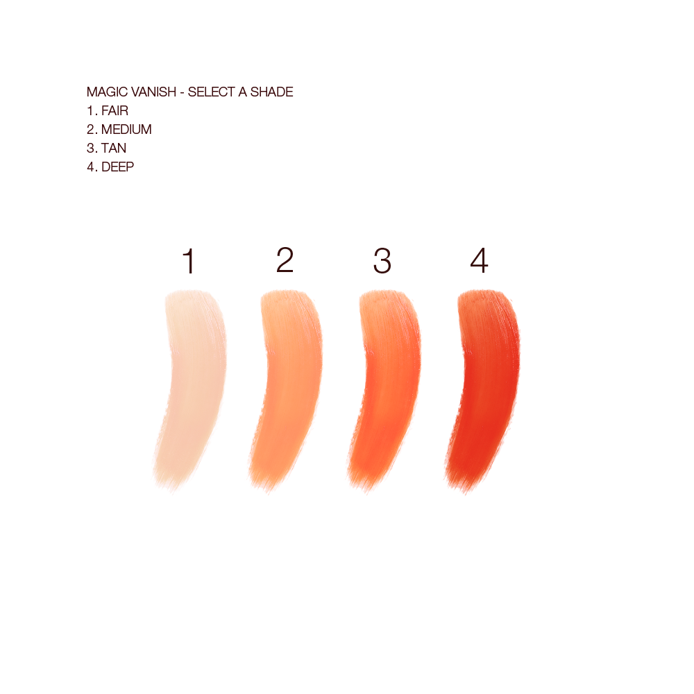 Swatches of four, cream colour correctors in shades of light peach, orange-peach, light orange, and burnt orange. 