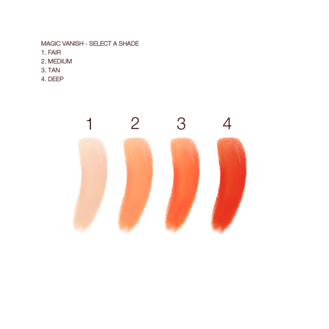 Swatches of four, cream colour correctors in shades of light peach, orange-peach, light orange, and burnt orange. 