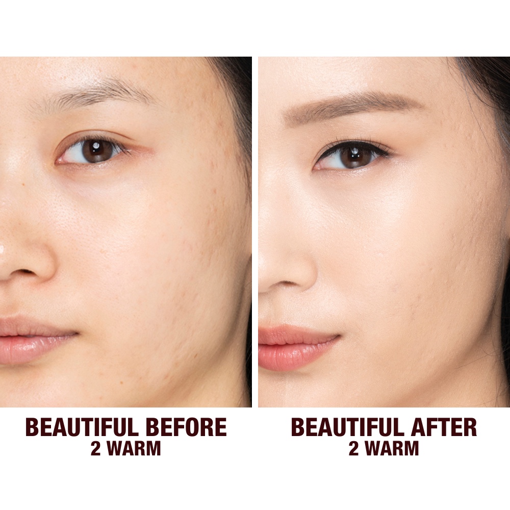 Before and after shots of a fair-tone model without any makeup and then wearing glowy, flawless skin, wearing skin-like foundation that adds a youthful glow and looks natural along with nude pink lipstick and subtle everyday eye makeup.
