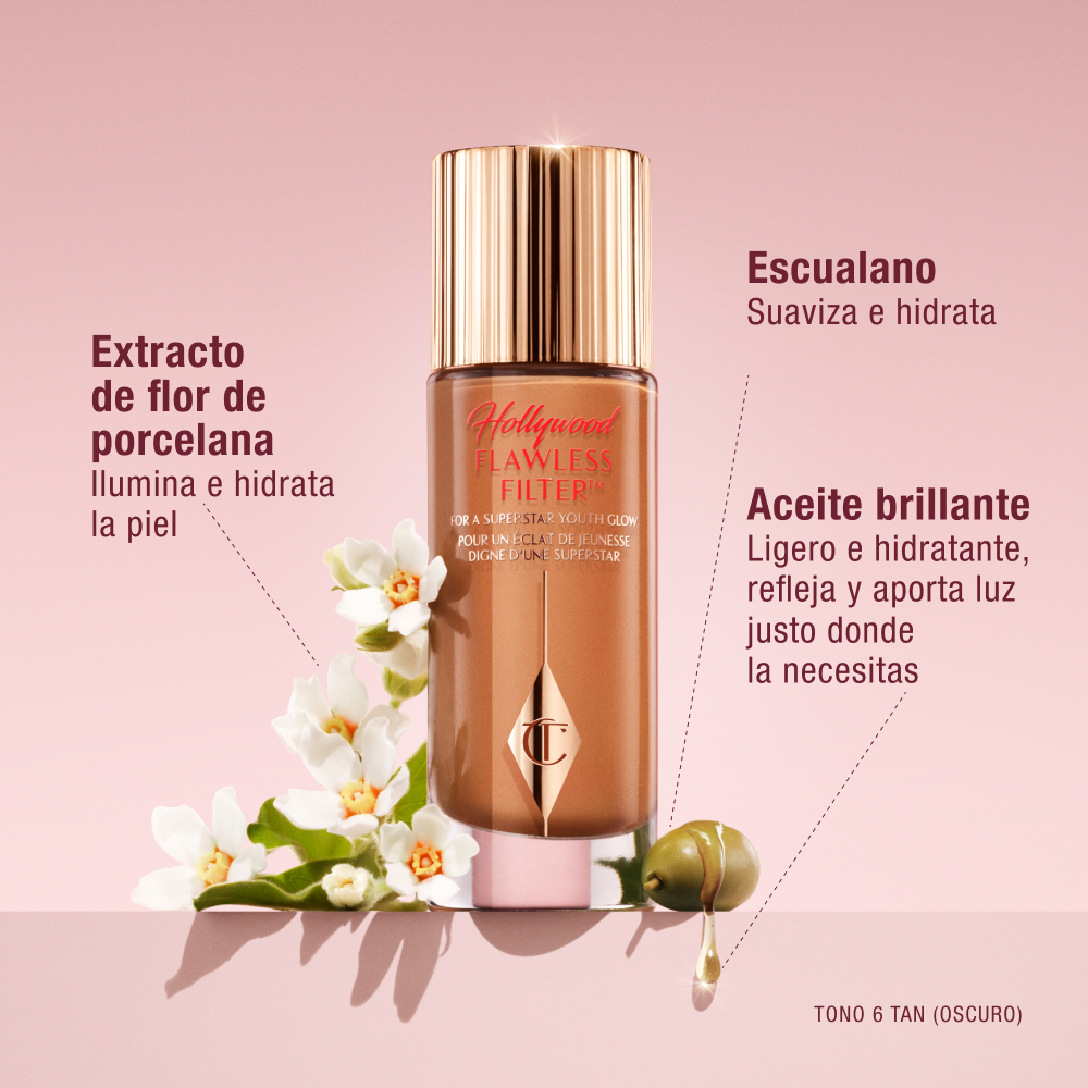 Charlotte Tilbury Hollywood Flawless Filter bottle with gold cap, surrounded by flowers and oil droplet graphics, highlighting ingredients Porcelain Flower Extract, Squalane, and Glossy Oil, available in Shade 6 Tan.
