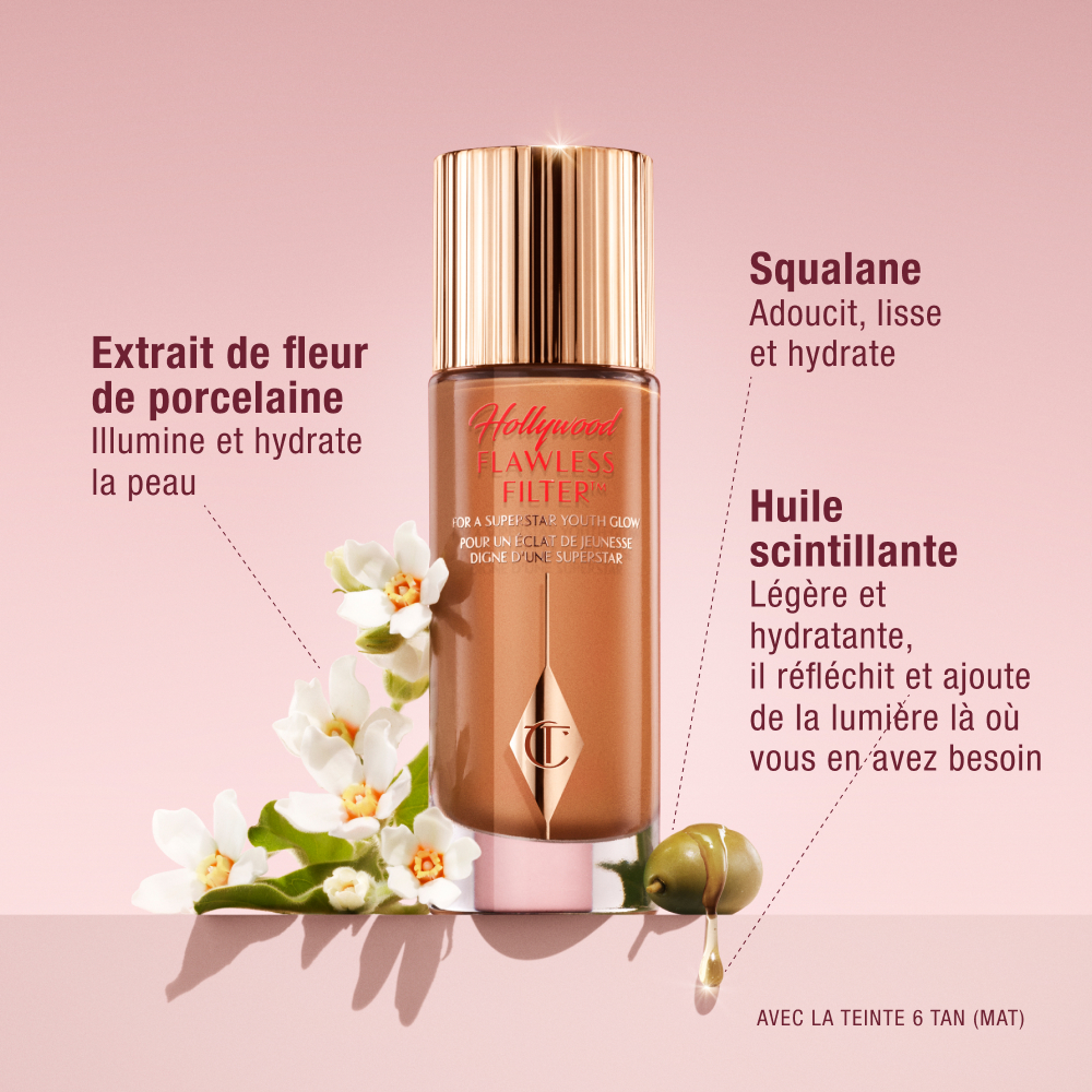 Charlotte Tilbury Hollywood Flawless Filter bottle with gold cap, surrounded by flowers and oil droplet graphics, highlighting ingredients Porcelain Flower Extract, Squalane, and Glossy Oil, available in Shade 6 Tan.
