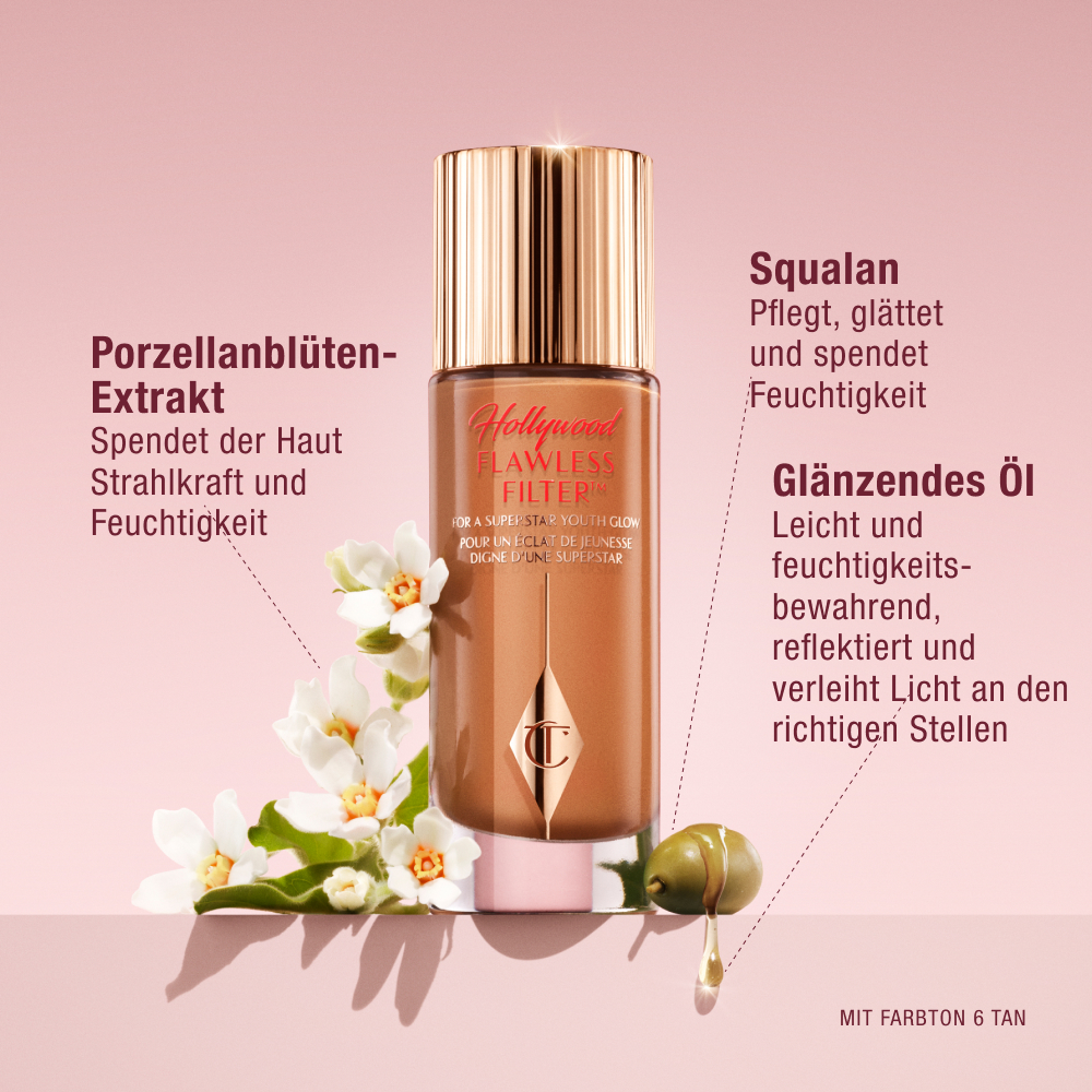 Charlotte Tilbury Hollywood Flawless Filter bottle with gold cap, surrounded by flowers and oil droplet graphics, highlighting ingredients Porcelain Flower Extract, Squalane, and Glossy Oil, available in Shade 6 Tan.