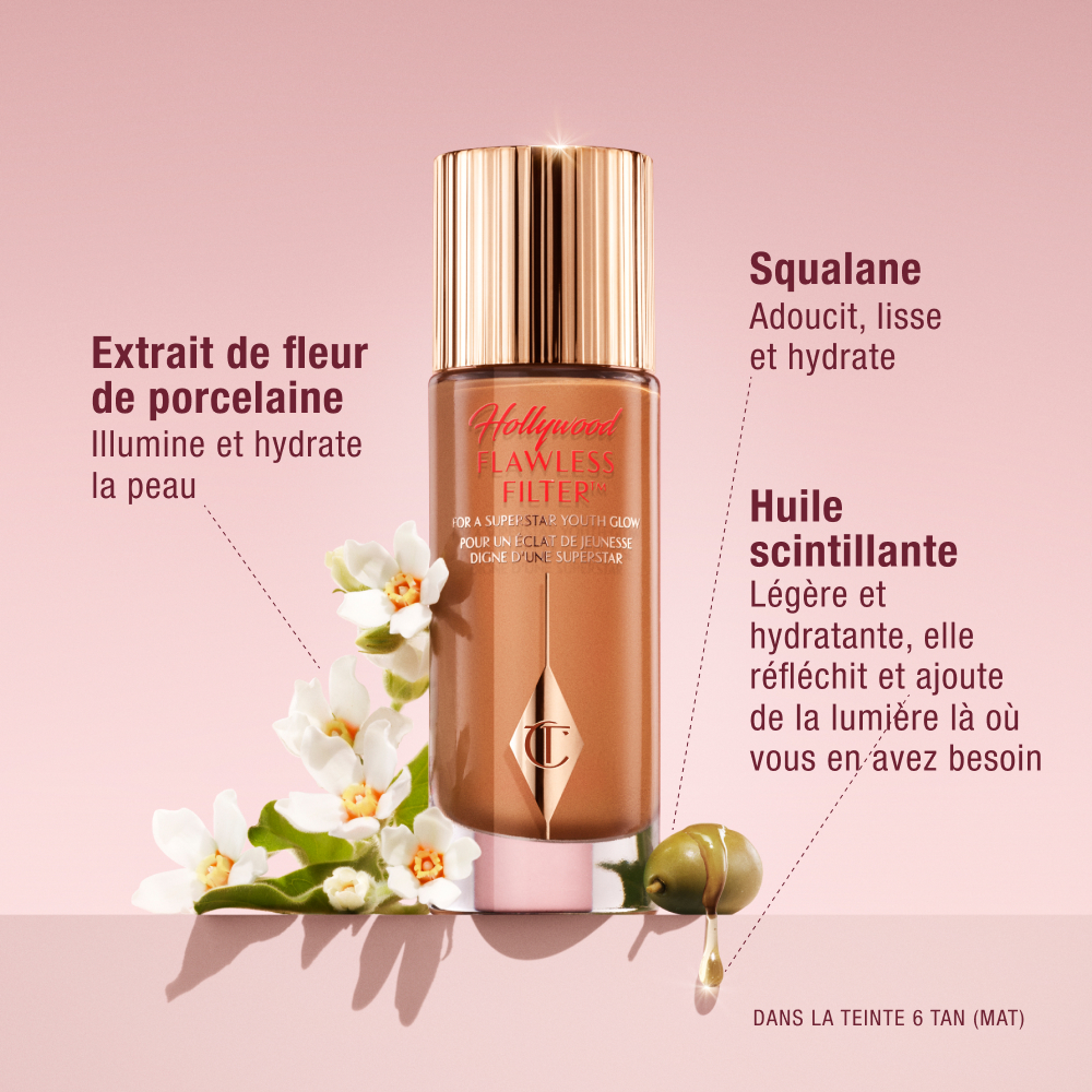 Charlotte Tilbury Hollywood Flawless Filter bottle with gold cap, surrounded by flowers and oil droplet graphics, highlighting ingredients Porcelain Flower Extract, Squalane, and Glossy Oil, available in Shade 6 Tan.