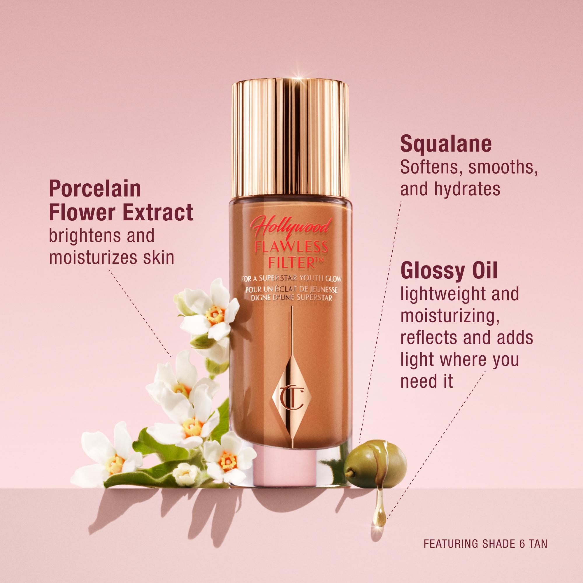 Charlotte Tilbury Hollywood Flawless Filter bottle with gold cap, surrounded by flowers and oil droplet graphics, highlighting ingredients Porcelain Flower Extract, Squalane, and Glossy Oil, available in Shade 6 Tan.