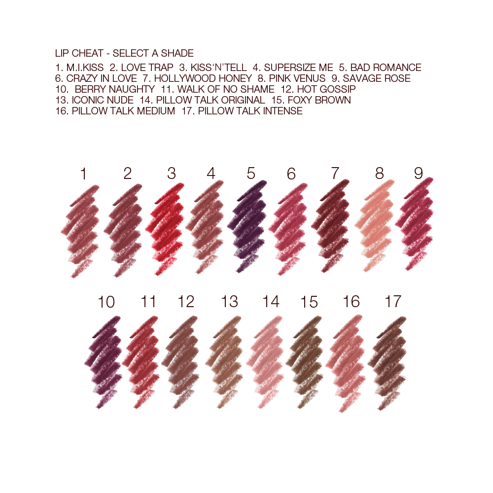 Swatches of seventeen lip liner pencils in shades of brown, purple, pink, peach, red, taupe, and brown.