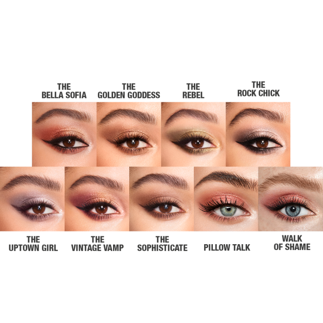 Single-eye close-up of nine different eye looks on brown and blue eyes in shimmery and smokey shades of brown, golden, rose gold, lilac, green, pink, plum, and grey.