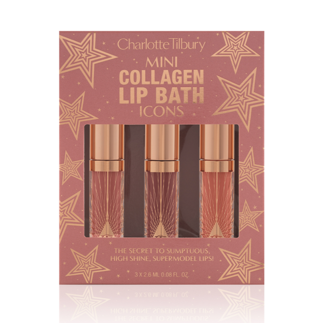 Three, high-shine lip glosses in a dusky pink and gold-coloured box, which is perfect for gifting, with text written on it that reads, 'Mini Collagen Lip Bath Icons.'