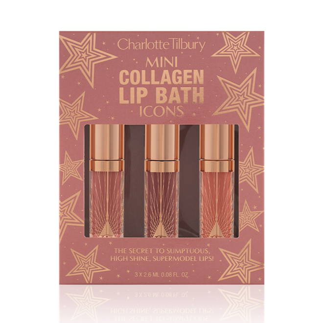 Mini Collagen Lip Bath Trio packed Three, high-shine lip glosses in a dusky pink and gold-coloured box, which is perfect for gifting, with text written on it that reads, 'Mini Collagen Lip Bath Icons.'