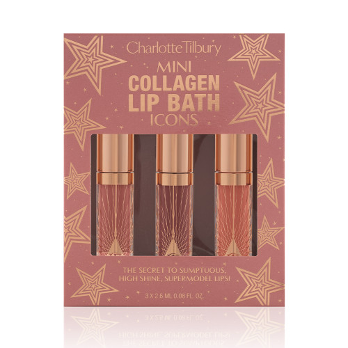 Three, high-shine lip glosses in a dusky pink and gold-coloured box, which is perfect for gifting, with text written on it that reads, 'Mini Collagen Lip Bath Icons.'