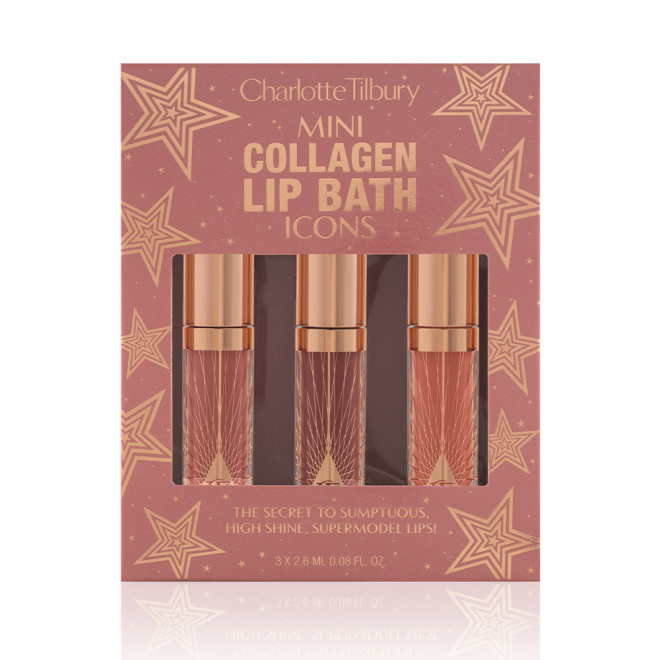Three, high-shine lip glosses in a dusky pink and gold-coloured box, which is perfect for gifting, with text written on it that reads, 'Mini Collagen Lip Bath Icons.'