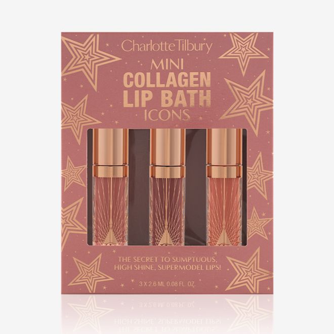 Mini Collagen Lip Bath Trio packed Three, high-shine lip glosses in a dusky pink and gold-coloured box, which is perfect for gifting, with text written on it that reads, 'Mini Collagen Lip Bath Icons.'