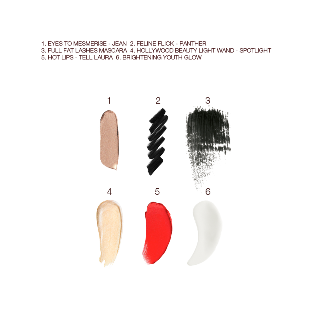 Swatches of a cream eyeshadow in fawn, black eyeliner, black mascara, liquid highlighter in champagne, lipstick in bright red, and primer in luminous white. 