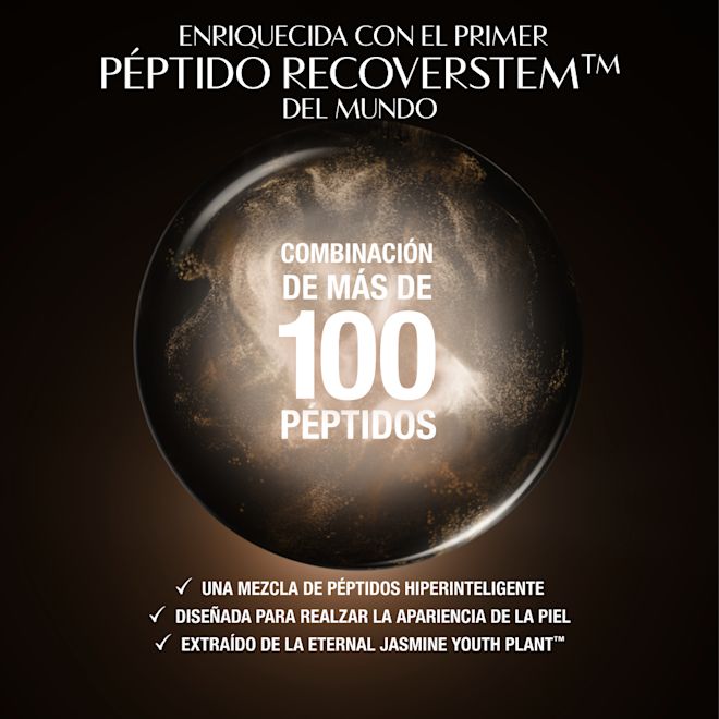 Infografía de Magic Cream sobre péptidos Fondo oscuro y lujoso con un motivo circular resplandeciente detrás de una zona de producto central. El texto en la parte superior dice: "Enriquecido con el primer péptido Recoverstem™ del mundo". En la parte inferior, tres declaraciones marcadas destacan los beneficios clave: "Una combinación de péptidos hiperinteligente", "Diseñada para potenciar los signos visibles de recuperación de la piel" y "Extraída de las células madre de la Eternal Jasmine Youth Plant™.