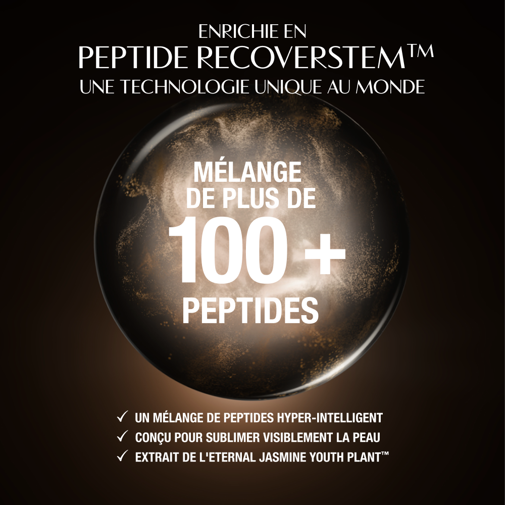 Fond sombre et luxueux présentant un motif circulaire éclatant derrière une zone de produit centrale. Le texte en haut indique : « Enrichi avec le peptide Recoverstem™ unique au monde ». En bas, trois mentions cochées soulignent les principaux avantages : « Un mélange peptidique hyper-intelligent », « Conçue pour booster les signes visibles de la régénération cutanée » et « Extrait des cellules souches de l'Eternal Jasmine Youth Plant™ ».