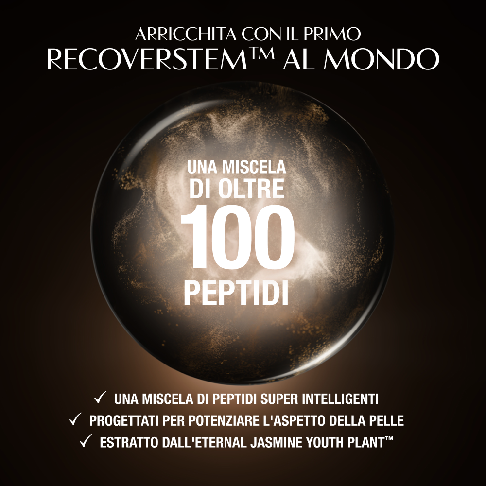 Sfondo scuro di lusso con un motivo circolare luminoso dietro un'area prodotto centrale. Testo in alto: "Arricchita con il primissimo peptide Recoverstem™". Nella parte inferiore, tre affermazioni con segno di spunta evidenziano i benefici principali: "Una miscela di peptidi ultra‑intelligente", "Progettata per potenziare i segni visibili del recupero della pelle" e "Estratto dalle cellule staminali dell'Eternal Jasmine Youth Plant™".