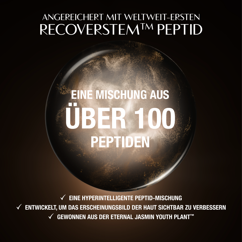Dunkler, luxuriöser Hintergrund mit einem leuchtenden kreisförmigen Motiv hinter einem zentralen Produktbereich. Der Text oben lautet: „Angereichert mit dem weltweit ersten Recoverstem™ Peptid.“ Im unteren Bereich betonen drei mit einem Häkchen versehene Aussagen die wichtigsten Vorteile: „Eine hyperintelligente Peptidmischung“, „Entwickelt, um die sichtbaren Anzeichen einer Hauterholung zu verstärken“ und „Aus den Stammzellen der Eternal Jasmine Youth Plant™ gewonnen.“