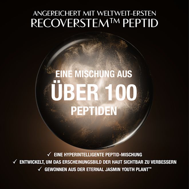 Magic Cream - Peptid-Infografik Dunkler, luxuriöser Hintergrund mit einem leuchtenden kreisförmigen Motiv hinter einem zentralen Produktbereich. Der Text oben lautet: „Angereichert mit dem weltweit ersten Recoverstem™ Peptid.“ Im unteren Bereich betonen drei mit einem Häkchen versehene Aussagen die wichtigsten Vorteile: „Eine hyperintelligente Peptidmischung“, „Entwickelt, um die sichtbaren Anzeichen einer Hauterholung zu verstärken“ und „Aus den Stammzellen der Eternal Jasmine Youth Plant™ gewonnen.“