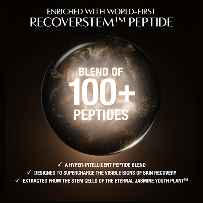 Magic Cream - peptides infographic Dark, luxurious background featuring a glowing circular motif behind a central product area. Text at the top reads: ‘Enriched with world-first Recoverstem™ Peptide.’ At the bottom, three check‑marked statements highlight key benefits: ‘A hyper‑intelligent peptide blend,’ ‘Designed to supercharge the visible signs of skin recovery,’ and ‘Extracted from the stem cells of the Eternal Jasmine Youth Plant™.