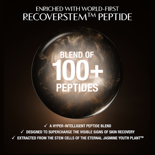 Magic Cream - peptides infographic Dark, luxurious background featuring a glowing circular motif behind a central product area. Text at the top reads: ‘Enriched with world-first Recoverstem™ Peptide.’ At the bottom, three check‑marked statements highlight key benefits: ‘A hyper‑intelligent peptide blend,’ ‘Designed to supercharge the visible signs of skin recovery,’ and ‘Extracted from the stem cells of the Eternal Jasmine Youth Plant™.