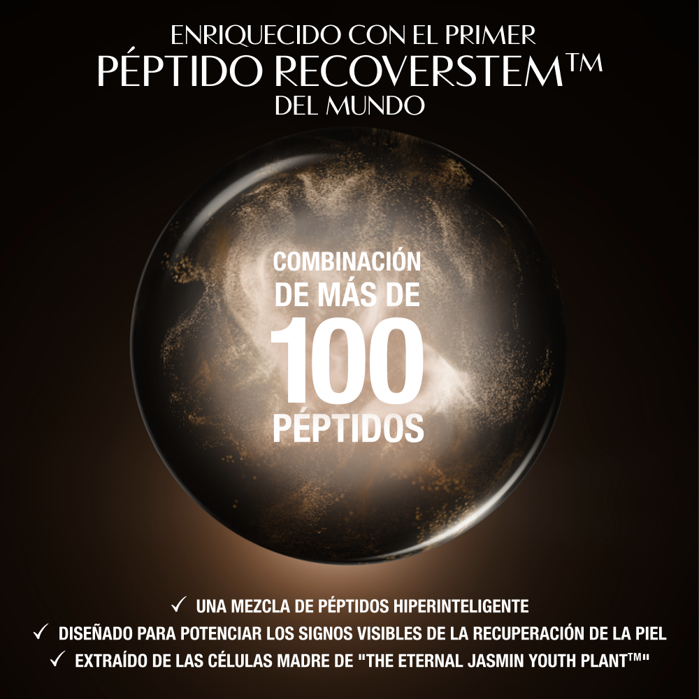 Fondo oscuro y lujoso con un motivo circular resplandeciente detrás de una zona de producto central. El texto en la parte superior dice: "Enriquecido con el primer péptido Recoverstem™ del mundo". En la parte inferior, tres declaraciones marcadas destacan los beneficios clave: "Una combinación de péptidos hiperinteligente", "Diseñada para potenciar los signos visibles de recuperación de la piel" y "Extraída de las células madre de la Eternal Jasmine Youth Plant™.
