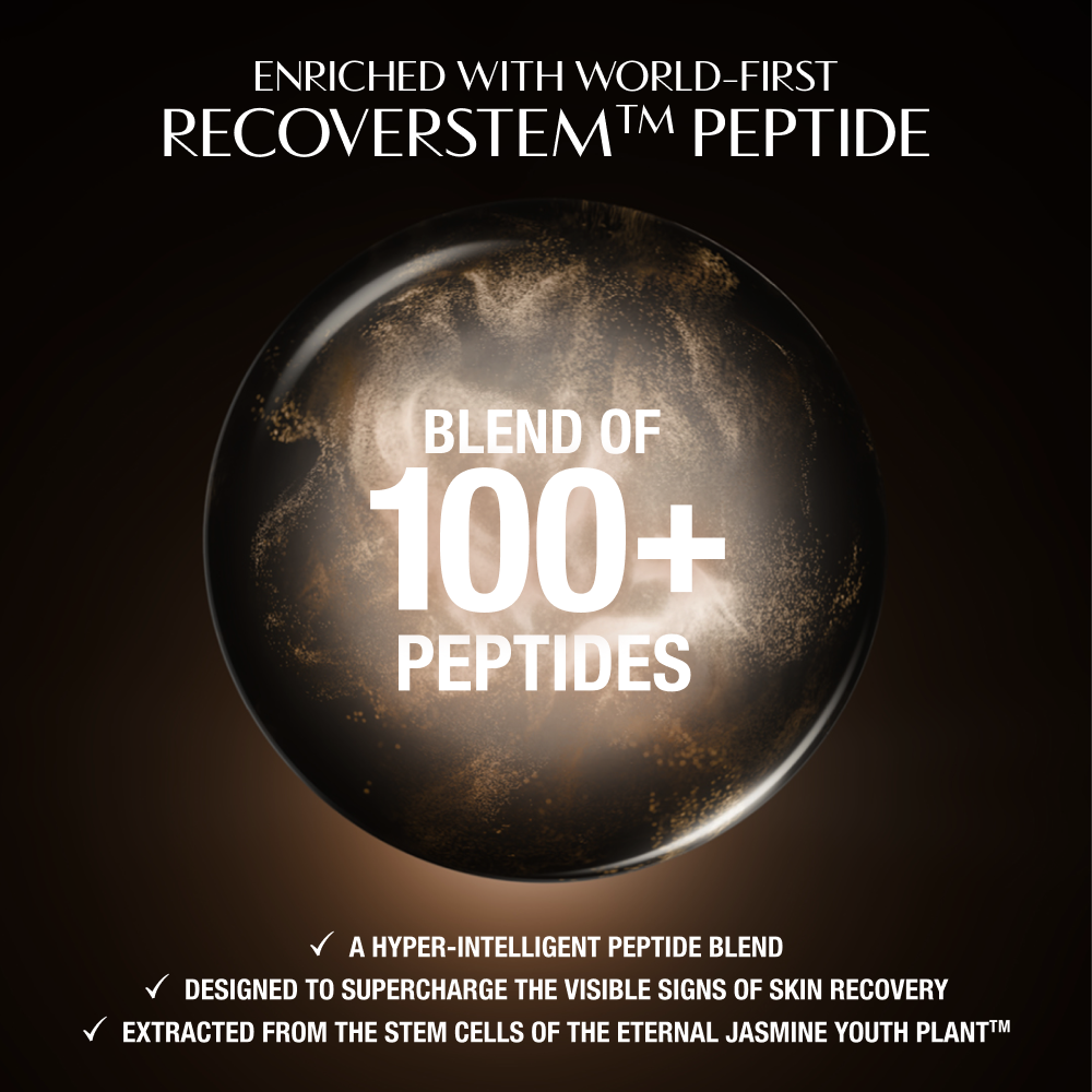 Dark, luxurious background featuring a glowing circular motif behind a central product area. Text at the top reads: ‘Enriched with world-first Recoverstem™ Peptide.’ At the bottom, three check‑marked statements highlight key benefits: ‘A hyper‑intelligent peptide blend,’ ‘Designed to supercharge the visible signs of skin recovery,’ and ‘Extracted from the stem cells of the Eternal Jasmine Youth Plant™.