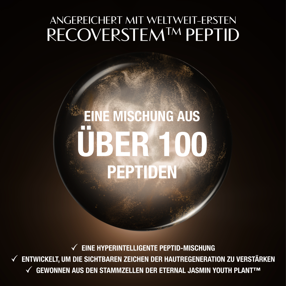 Dunkler, luxuriöser Hintergrund mit einem leuchtenden kreisförmigen Motiv hinter einem zentralen Produktbereich. Der Text oben lautet: „Angereichert mit dem weltweit ersten Recoverstem™ Peptid.“ Im unteren Bereich betonen drei mit einem Häkchen versehene Aussagen die wichtigsten Vorteile: „Eine hyperintelligente Peptidmischung“, „Entwickelt, um die sichtbaren Anzeichen einer Hauterholung zu verstärken“ und „Aus den Stammzellen der Eternal Jasmine Youth Plant™ gewonnen.“