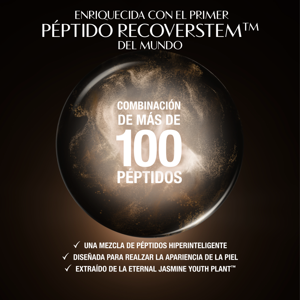 Fondo oscuro y lujoso con un motivo circular resplandeciente detrás de una zona de producto central. El texto en la parte superior dice: "Enriquecido con el primer péptido Recoverstem™ del mundo". En la parte inferior, tres declaraciones marcadas destacan los beneficios clave: "Una mezcla de péptidos hiperinteligente", "Diseñada para potenciar los signos visibles de recuperación de la piel" y "Extraída de las células madre de la Eternal Jasmine Youth Plant™.