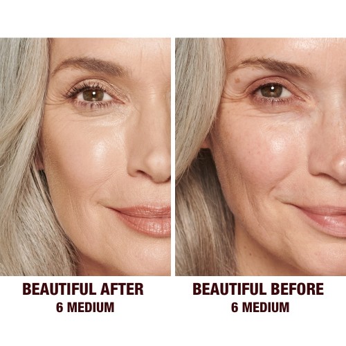 Before and after of a light-tone model with mature without any makeup in the before shot and then wearing a radiant, concealer that brightens, covers blemishes, and makes her skin look fresh along with nude lip gloss and subtle eye makeup.