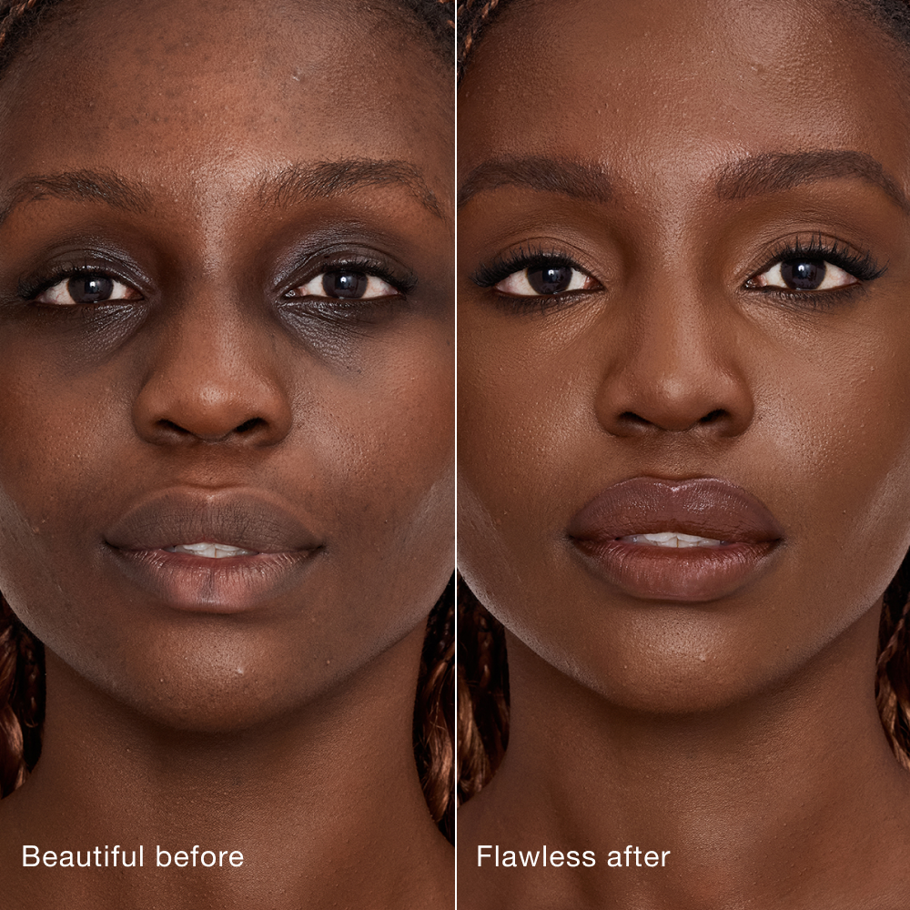 Side-by-side comparison showing skin before and after applying Charlotte Tilbury Airbrush Flawless Concealer, with text labels 'Beautiful before' and 'Flawless after'.
