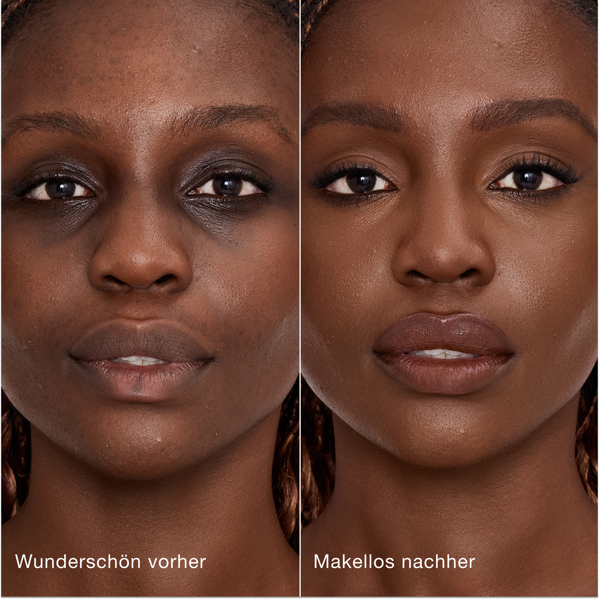 Ein direkter Vergleich zeigt die Haut vor und nach dem Auftragen des Charlotte Tilbury Airbrush Flawless Concealers mit den Beschriftungen „Wunderschön vorher“ und „Makellos nachher“.