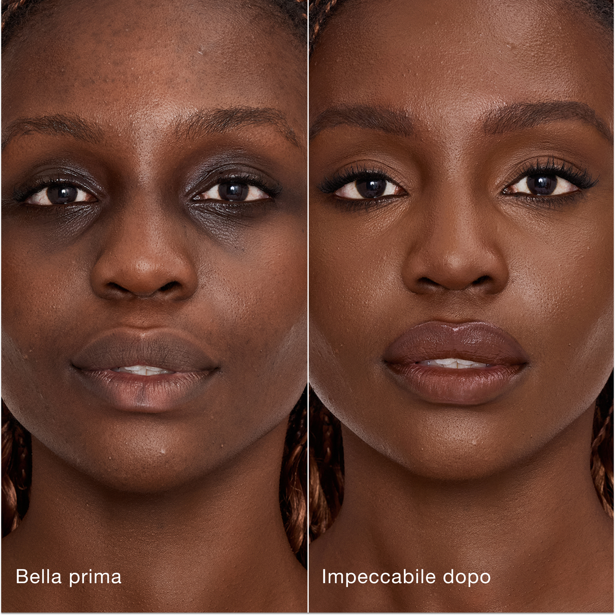 Confronto affiancato che mostra la pelle prima e dopo aver applicato il correttore Airbrush Flawless di Charlotte Tilbury, con le etichette di testo "Bella prima" e "Impeccabile dopo".
