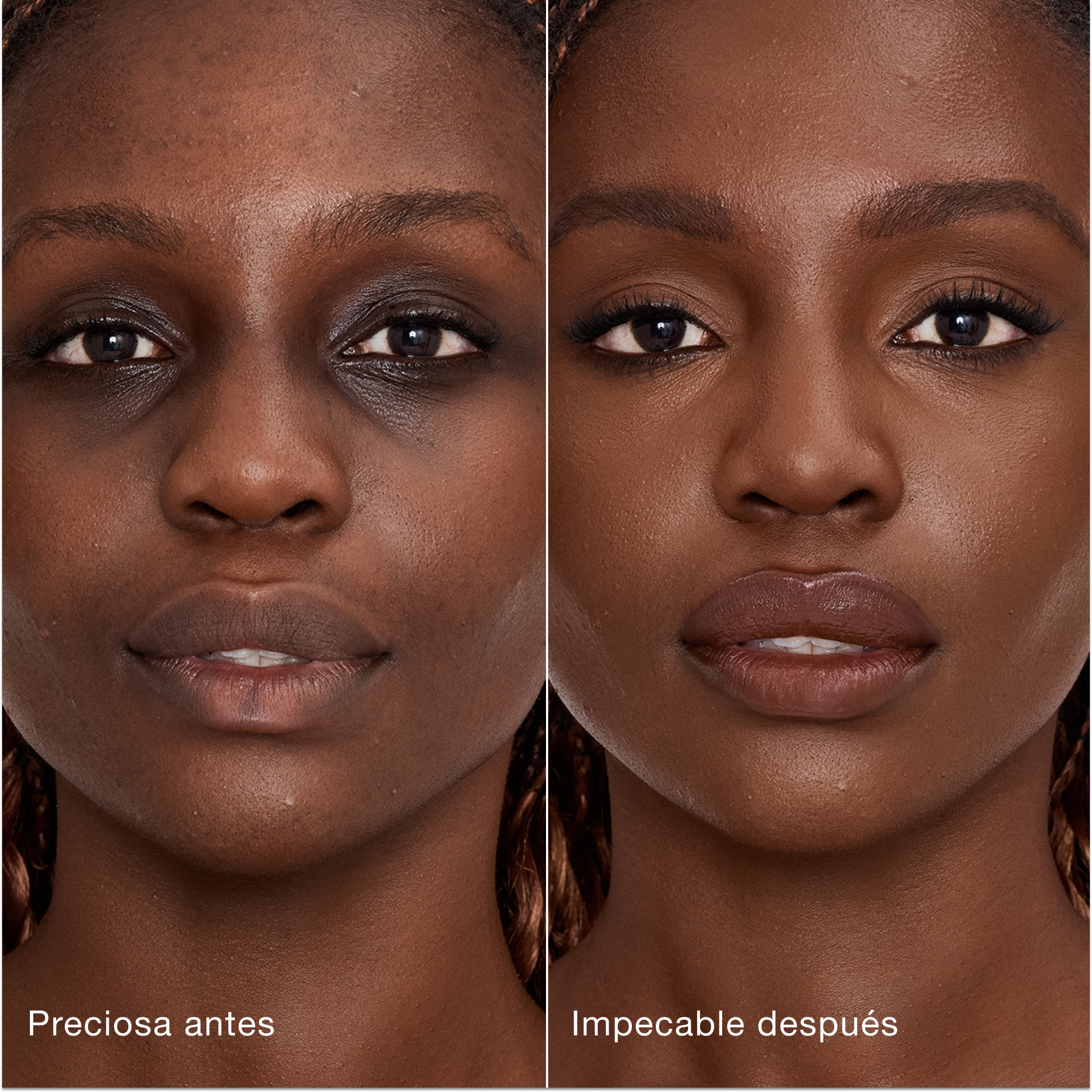 Comparación paralela que muestra la piel antes y después de aplicar el corrector Charlotte Tilbury Airbrush Flawless Concealer con las etiquetas de texto «Preciosa antes» y «Perfecta después».