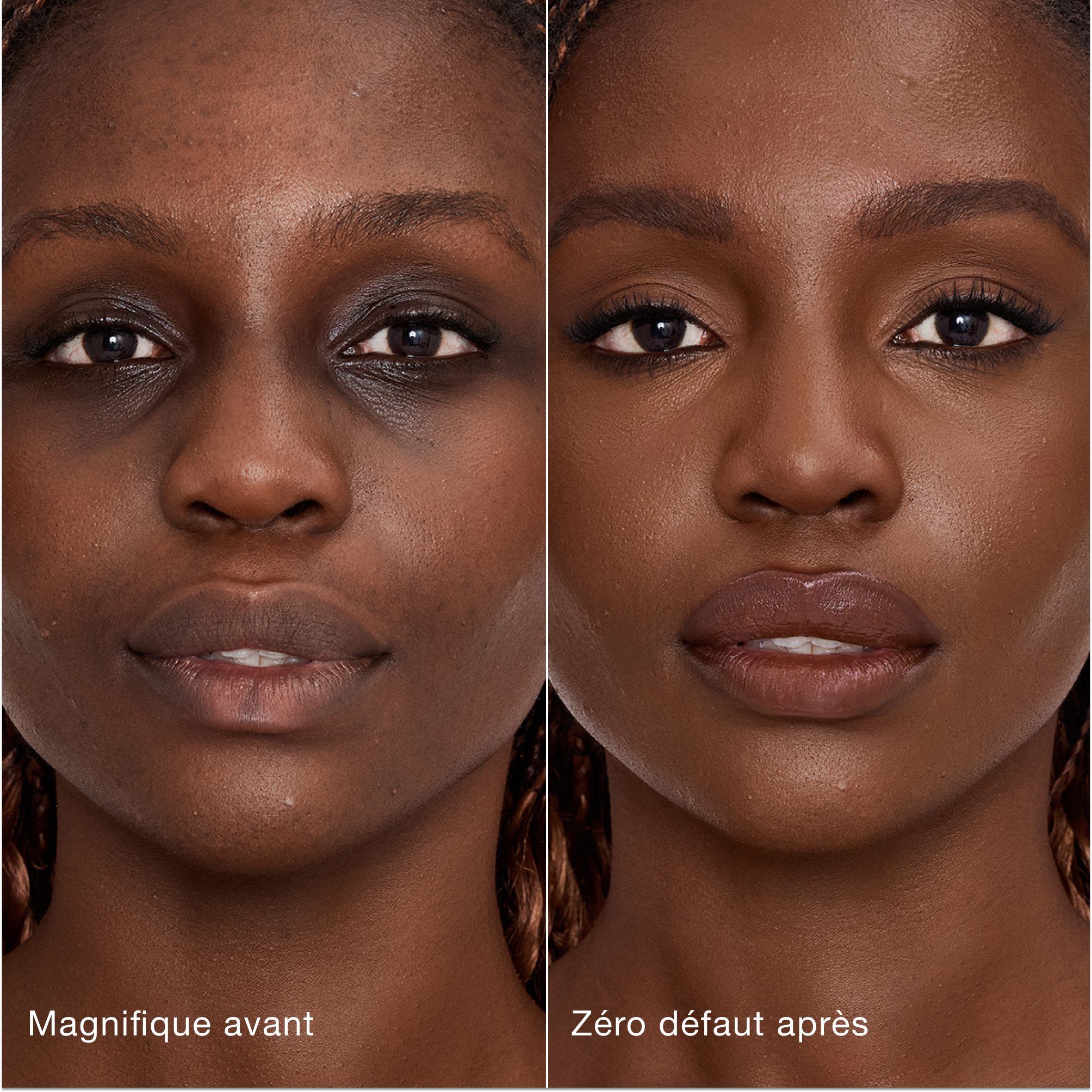 Comparaison côte à côte de la peau avant et après l'application de l'Airbrush Flawless Concealer de Charlotte Tilbury, avec les étiquettes de texte « Magnifique avant » et « Zéro défaut après ».