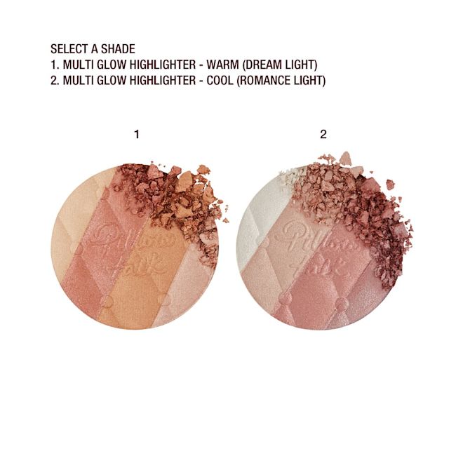 Pillow Talk Multi-Glow highlighter in Dream Light and Romance Light swatches Swatches of a pressed powder highlighter compact in various shades of pink and gold for warm-tone complexions and of a pressed powder highlighter compact in various shades of pink and gold for cool-tone complexions.