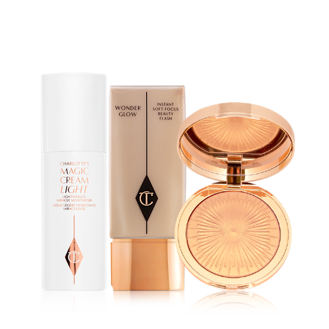 Superstar Glow Secrets displayed Pearly-white face cream in a glass jar with a gold-coloured lid, foundation in a clear bottle with a gold-coloured lid, and powder highlighter in a soft rose-gold shade in a gold-coloured compact with a mirrored-lid.