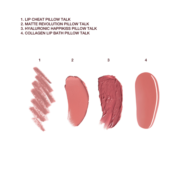 Pillow Talk Beautifying Lip Kit swatches Swatches of a nude pink matte lipstick, baby pink lip liner pencil, soft pink high-shine lip gloss, and berry-red lipstick balm.