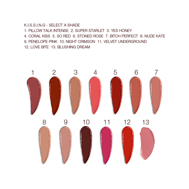 K.I.S.S.I.N.G Lipstick collection swatches Swatches of thirteen lipsticks with a satin finish in shades of red, brown, orange, pink, and purple.