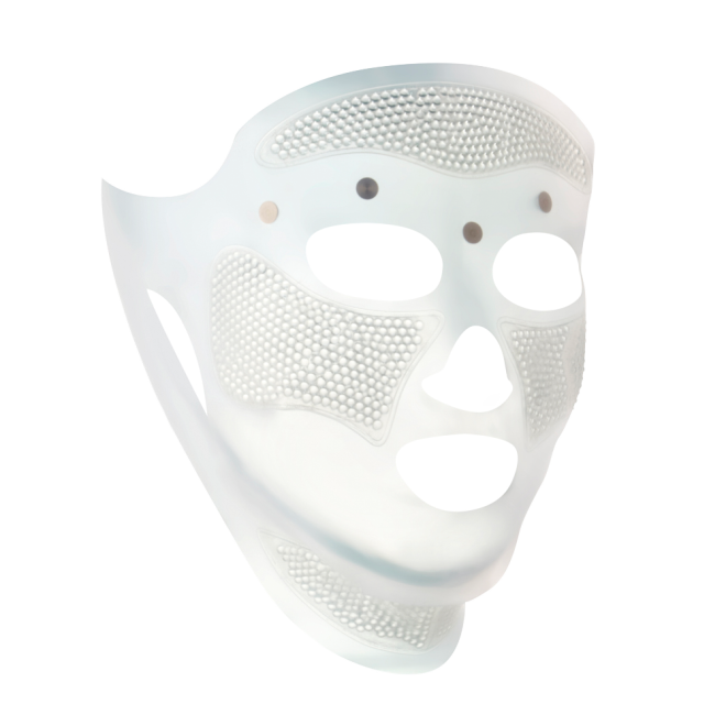 A side view of a white-coloured face mask with tiny holes all over the forehead and cheeks area, and large eye, nose, and mouth holes so the mask can comfortably sit on any face size or shape. 