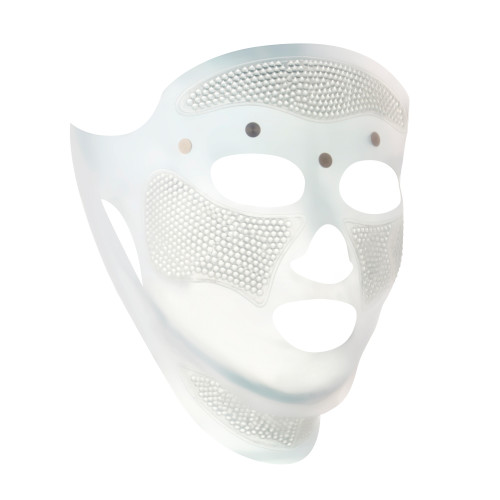 A side view of a white-coloured face mask with tiny holes all over the forehead and cheeks area, and large eye, nose, and mouth holes so the mask can comfortably sit on any face size or shape. 