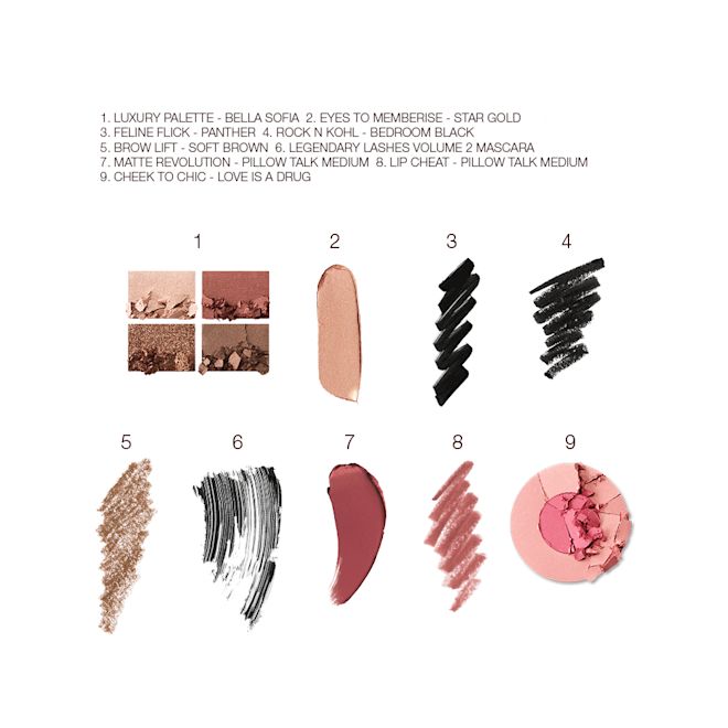 Mesmerising Indian Wedding Look Kit swatches Swatches of a quad eyeshadow palette with shimmery and matte brown and gold shades, grey-blonde eyebrow tint, black eyeliner pen, black mascara, two-tone blush in bright pink, eyeliner pencil in black, nude pink lip liner pencil, muted wine-coloured lipstick, and champagne-coloured cream eyeshadow.